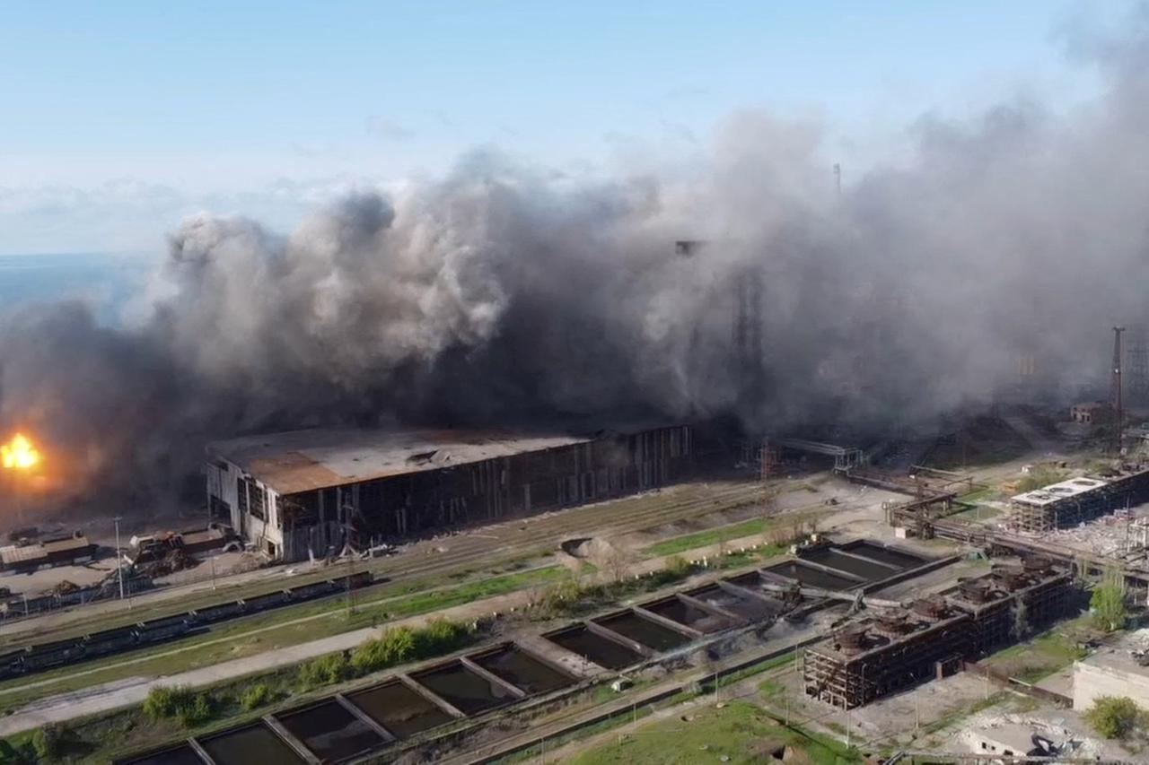 An aerial view shows shelling in the Azovstal steel plant complex, in Mariupol