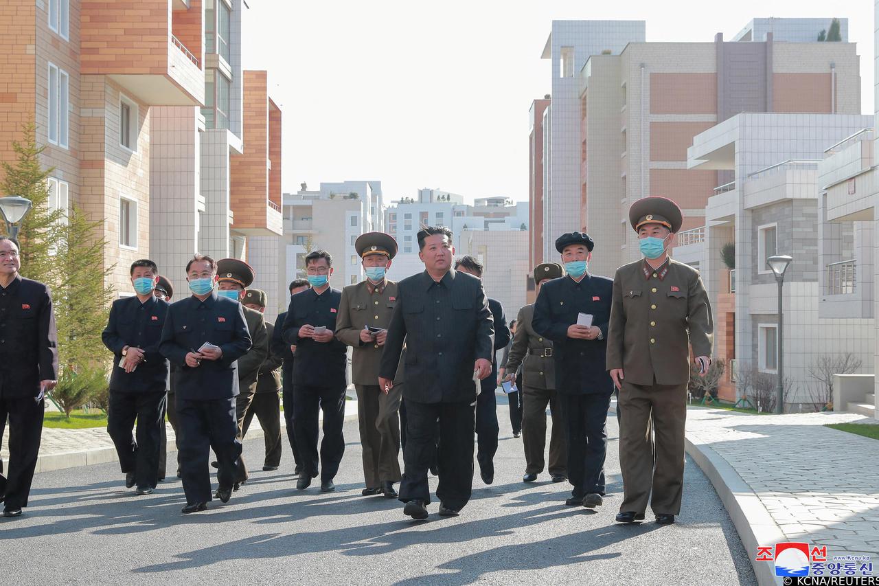 North Korean leader Kim Jong Un inspects the Pothong Riverside Terraced Residential District